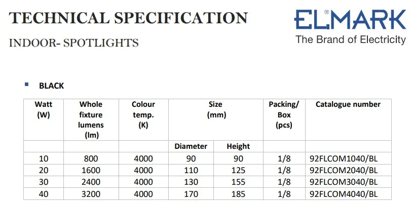 Spot, Elmark, LED, Flcom, 30W, 230V, Lumina neutra (4000K), 60°, Negru, Pt, 92Flcom3040/Bl 92FLCOM3040/BL